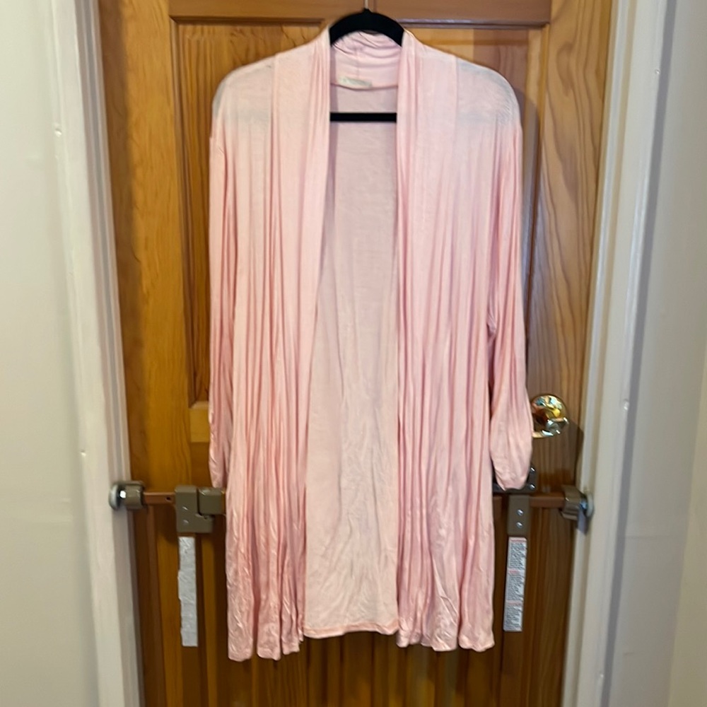 Peachy pink soft ruched sleeve long sweater jacket 95% rayon 5% spandex